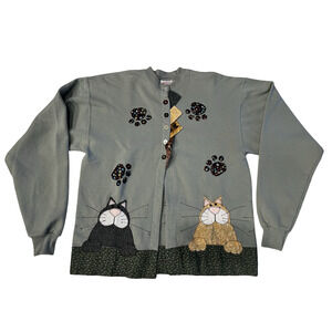 Hanes Cardigan Sweater Womens Medium Cat Applique Button Front Animal Novelty